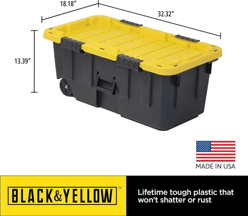Vista 6 de Caja resistente negro y amarillo, 20 galones con ruedas, interior/exterior, resistente (paquete de 2)