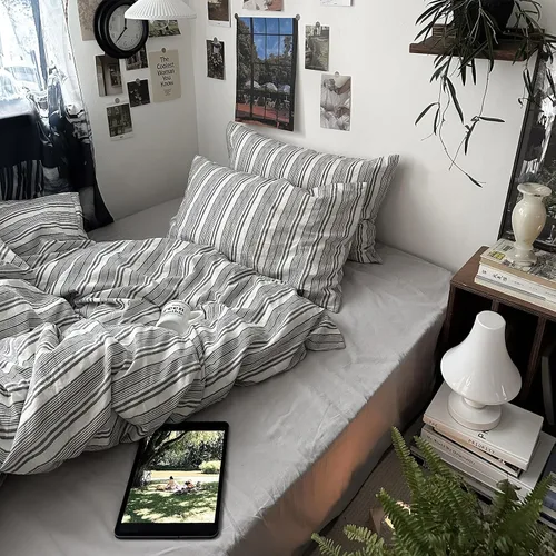 Vista 246 de mixinni Juego de funda de edredón vintage a rayas, tamaño twin, juego de ropa de cama de 3 piezas, 100% algodón lavado, suave y transpirable, funda