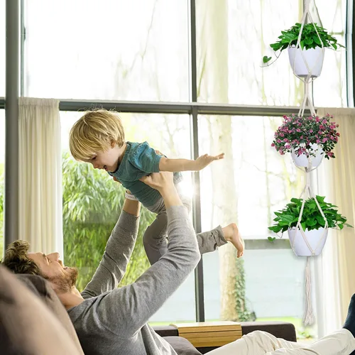 Vista 5 de IGaiety Colgador de macramé para plantas, 5 piezas de soportes colgantes para plantas para interiores y exteriores, colgadores de plantas hechos a