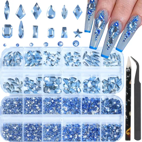 Vista 11 de Diamantes de imitación para uñas, tamaño 3D multiforma, gemas y dijes de cristal AB para uñas, parte trasera plana, con kit para arte de uñas