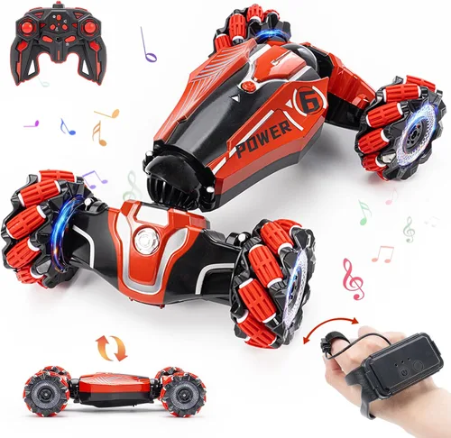 Vista 10 de Coche Acrobático RC con Sensor de Gestos, 4WD Drift Controlado a Mano con Giros de 360°, Truco de Luces y Música, Coche de Juguete es un Genial Azul