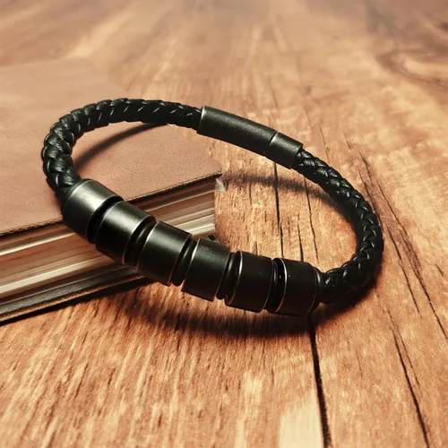 Vista 3 de Pulsera personalizada para hombre con cuentas de nombre personalizadas, pulsera de cuero trenzado personalizada grabada con 2-6 nombres