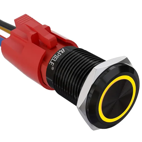 Vista 8 de APIELE - Interruptor de botón de cierre de 16mm, 12V, ojo de ángel LED, impermeable, redondo, autobloqueante, 1NO (aluminio negro, azul)