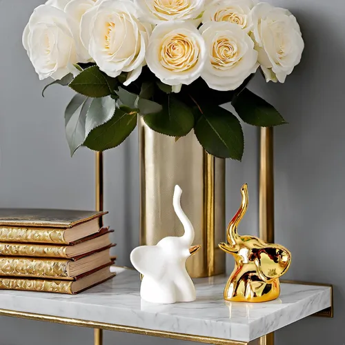 Vista 8 de Estatuas de Elefante para Decoración del Hogar, 1 Par, Pequeños Acentos Decorativos para Estantes, Sala de Estar y Dormitorio, Dorado y Blanco
