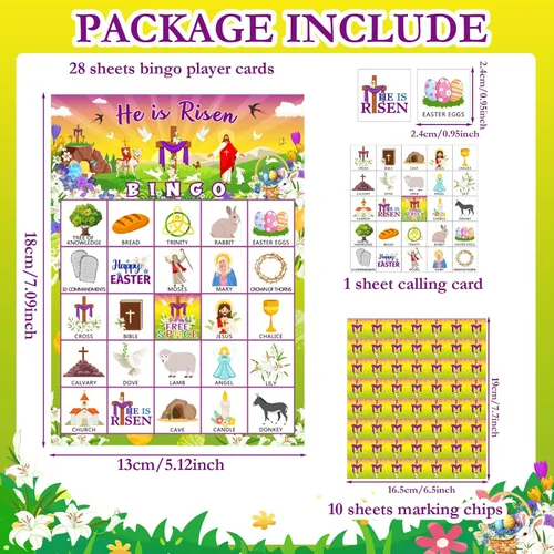 Vista 2 de Shappy Juego de 39 tarjetas de bingo de Pascua para niños y adultos, 28 jugadores, He is Risen, juego de fiesta, tarjetas de bingo bíblicas