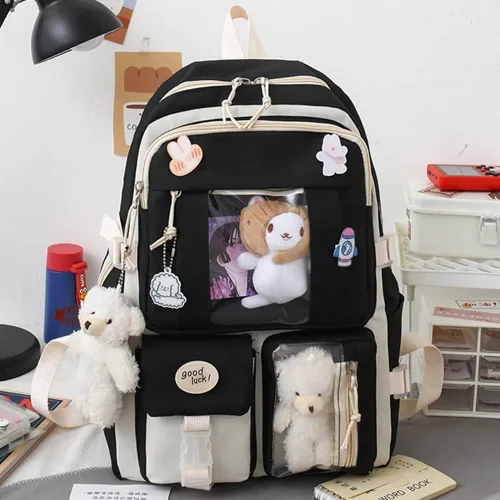 Vista 4 de AONUOWE Mochila Kawaii con bonitos alfileres y colgantes, juego de 5 piezas, mochila estética, Negro -, Mochila, viaje, único