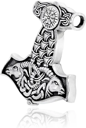 Vista 3 de WithLoveSilver - Colgante de plata de ley 925 con talismán de calavera, martillo de cabra de Thor Mjolnir, Plata esterlina