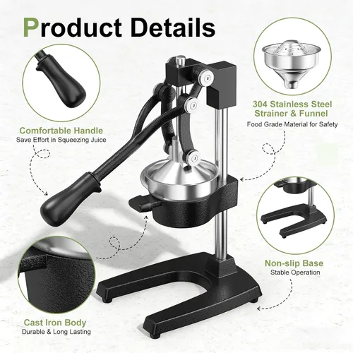 Vista 8 de Exprimidor manual de hierro fundido, exprimidor de mano comercial con taza de acero inoxidable, exprimidor manual de alta resistencia, prensa