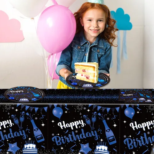Vista 6 de Juego de 41 piezas de vajilla de decoración de fiesta de cumpleaños azul marino y negro, incluye platos, servilletas, mantel para hombres y mujeres