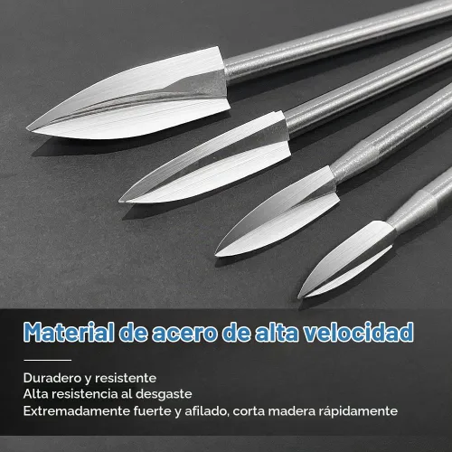 Vista 4 de Herramientas de tallado de madera para herramienta giratoria, juego de 5 brocas de carpintería HSS, juego de brocas de grabado para artesanías