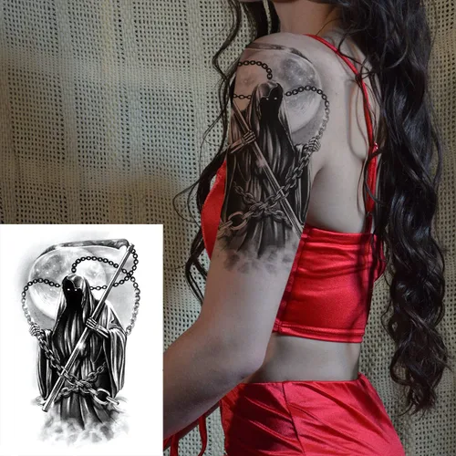 Vista 2 de 2 hojas de pierna de brazo impermeable falso tatuaje temporal etiqueta de la vieja escuela muerte