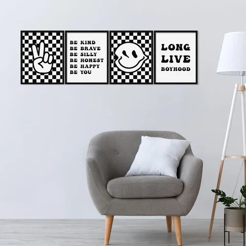 Vista 5 de Eersida 9 carteles retro a cuadros con diseño de relámpago de la paz, larga vida de la infancia, Rad Little Dude para niños, regalos para habitación