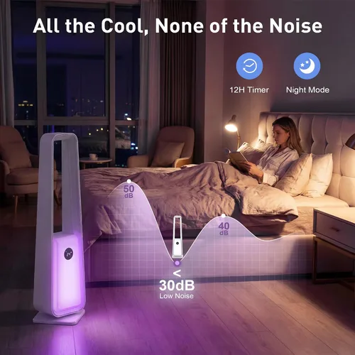 Vista 5 de Ventilador de torre sin aspas de 36 pulgadas para dormitorio, potente ventilador de pie de 25 pies con control remoto, 4 colores LED, 12