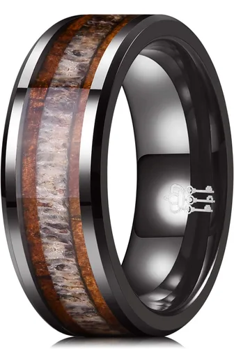 Vista 6 de THREE KEYS JEWELRY 6,8mm Black/White Ceramic Wedding Ring with Real Koa Wood Inlay Flat Top Wedding Band Engagement Ring Comfort Fit Size 4-16