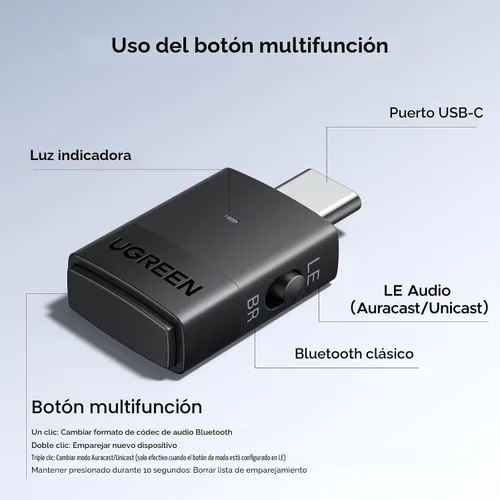 Vista 9 de UGREEN Adaptador Bluetooth USB-C para PS5, consolas de juegos y PC, transmisor Bluetooth 6.0 con LE Audio, aptX Adaptive/HD/aptX/SBC, emparejamiento