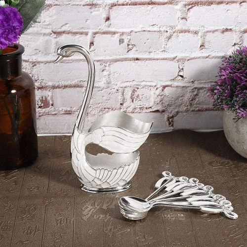 Vista 7 de Juego de cucharas de postre de café de metal con soporte, cisne para cucharas, base de cubiertos de frutas, organizador de 6 piezas de helado