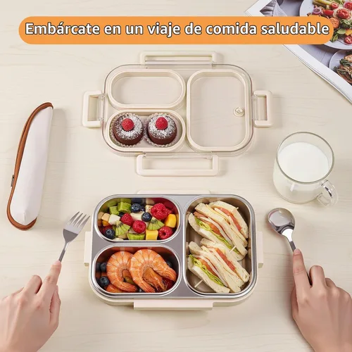 Vista 2 de Kit de lonchera de acero inoxidable 18/8 de 25 onzas (caja de bento + tenedor/cuchara), 3 compartimentos a prueba de fugas, caja de aperitivos