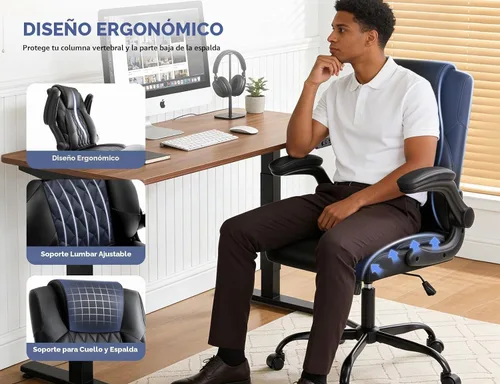 Vista 8 de Silla de oficina,Silla ejecutiva de escritorio para computadora,Negro Soporte lumbar inflable,Cuero PU suave,Reposabrazos