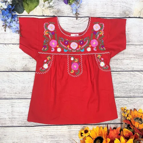 Vista 8 de Blusa bordada tradicional Puebla Mexicana para niña talla 4-14