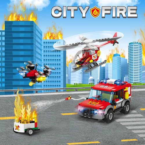 Vista 3 de Juego de bloques de construcción de estación de bomberos de la ciudad con camión de bomberos, helicóptero de rescate de incendios, dron y juguetes