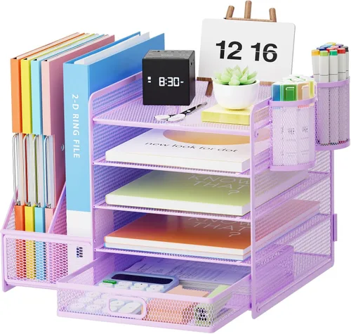 Vista 16 de Marbrasse - Organizador de escritorio con soporte para archivos, organizador de bandejas para papel tamaño carta de 5 niveles con cajón y 2 soportes
