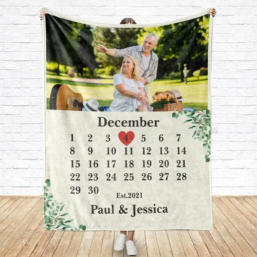 Vista 2 de Manta de calendario personalizada, manta de fotos con texto. Haz tu propia manta de forro polar. Regalo para aniversario, Acción de Gracias, Manta