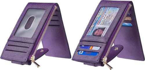Vista 2 de Chelmon Billetera delgada con bloqueo RFID para mujer con bolsillo con cremallera púrpura profundo Minimalista