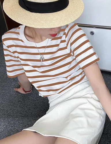 Vista 5 de PEHMEA Camiseta de manga corta con estampado de rayas para mujer, cuello redondo, camisetas básicas de verano para mujer