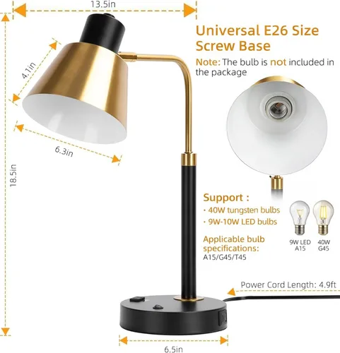 Vista 3 de Lámpara de escritorio con doble puerto de carga USB, lámpara de mesa de metal resistente, brazos giratorios de 340 grados, fácil montaje con guía