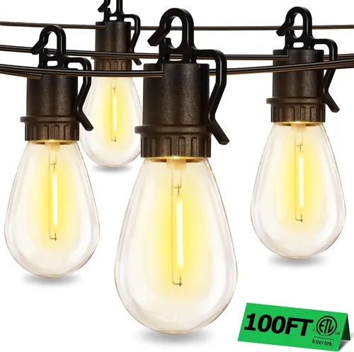 Vista 8 de Guirnalda de luces para exteriores de 100 pies con 35 ofertas de patio inastillables S14 bombillas Edison vintage E12, luces regulables de 2700 K