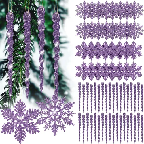 Vista 8 de Deekin 72 piezas adornos de carámbano de copo de nieve para árbol de Navidad, carámbanos torcidos de copo de nieve con purpurina, decoraciones