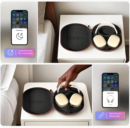Vista 6 de Funda de carga para AirPods Max 1 y 2 - Cargador de auriculares de viaje con conectores magnéticos Lightning y USB-C, modo de suspensión automático