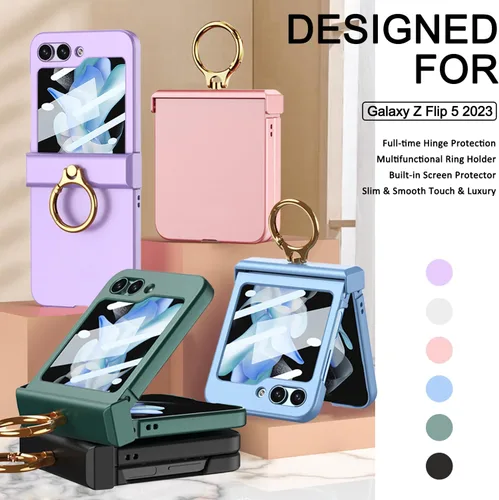 Vista 2 de Miimall Funda para Galaxy Z Flip 5 con soporte de anillo, protector de pantalla de protección de bisagra mejorado, anillo multifuncional ultrafino