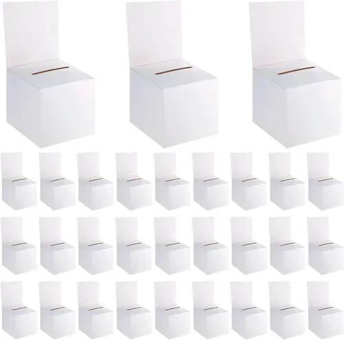 Vista 9 de Juego de 12 cajas para rifas, urnas y buzones de sugerencias con ranura, cajas de cartón para rifas de 15 x 15 x 15 cm con ranura para boletos