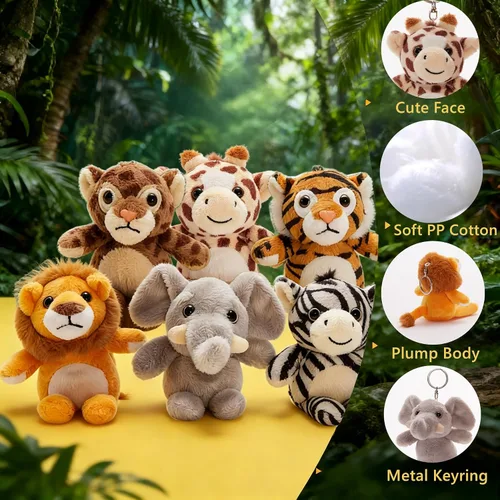 Vista 2 de Tezituor Paquete de 6 Pequeños Animales de Peluche a Granel Juguetes de Peluche, Mini Llaveros de Animales de Peluche Lindos de 6" para Niños, Mini