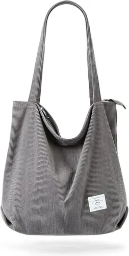 Vista 27 de KALIDI Bolsa Tote de Pana para Mujer con Cremallera Bolsa de Mano Casual Tote Bolsa de Hombro de Gran Capacidad con Bolsillos 1 negro y 1 blanco.