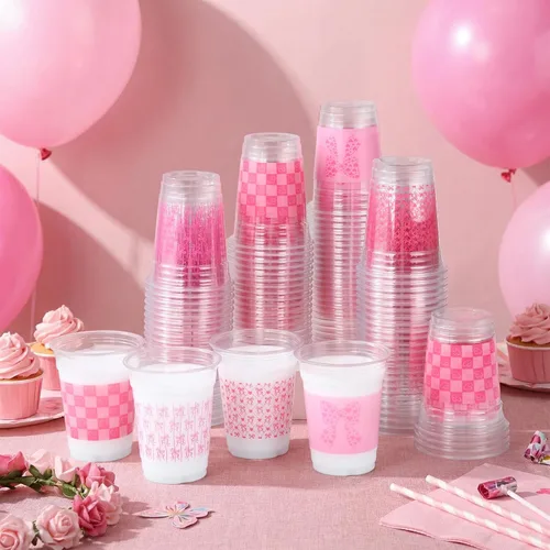 Vista 3 de Qinyoung 100 vasos de plástico con lazo rosa de 12 onzas, vasos desechables de coqueta, lazo rosa y corazón, vasos de plástico transparente