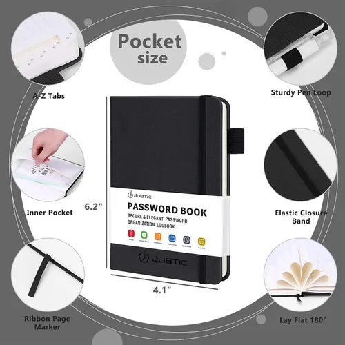 Vista 3 de JUBTIC Libro de contraseñas con pestañas alfabéticas, pequeña libreta de contraseñas con bolsillo interior, registro de inicio de sesión