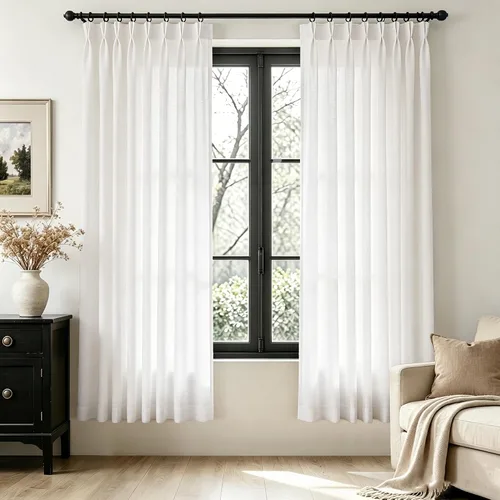 Vista 69 de Cortinas de lino de 63 pulgadas, juego de 2 paneles para sala de estar, beige natural, cortinas con pliegues pellizco entrenadas con memoria