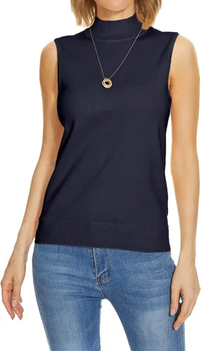 Vista 3 de Suéter de punto para mujer, sin mangas, cuello alto falso, suéter de punto de cuello alto, suave, básico, chaleco Plus