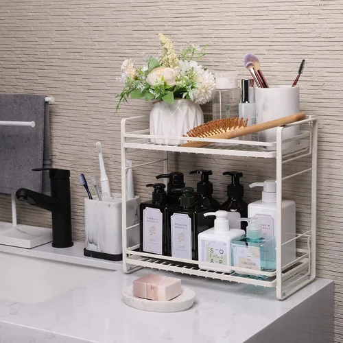 Vista 7 de zccz Organizador de baño de 2 niveles, ideal como organizador de encimera de cocina o baño, organizador de maquillaje con acabado negro