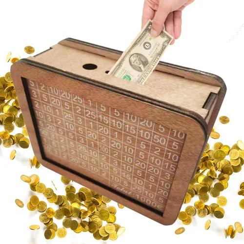 Vista 8 de Caja de dinero de madera, 6.7 x 4.9 x 2.8 in, caja de dinero con contador para no abrir caja de dinero para niños, objetivo de ahorro para niños