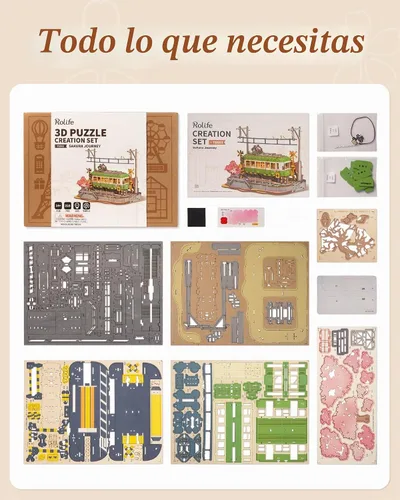 Vista 7 de Rolife Sakura Journey Tram - Rompecabezas de madera 3D para adultos, kits de construcción de modelos de bricolaje con luces LED, regalo creativo
