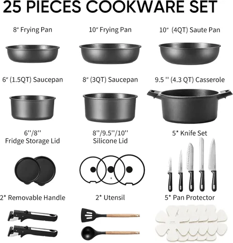 Vista 2 de CAROTE Juego de 25 ollas y sartenes antiadherentes, juego de utensilios de cocina, apto para horno, lavavajillas, nevera, juego de ollas que ahorran