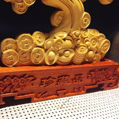 Vista 6 de Adornos de árbol de monedas para riqueza y suerte, escultura de árbol de dinero de madera maciza, decoración de oficina en casa, estatua de árbol