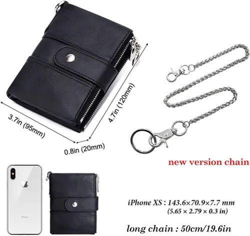 Vista 3 de boshiho Billeteras plegables de cuero real con bloqueo RFID para hombre, doble cremallera, bolsillo con cadena antirrobo
