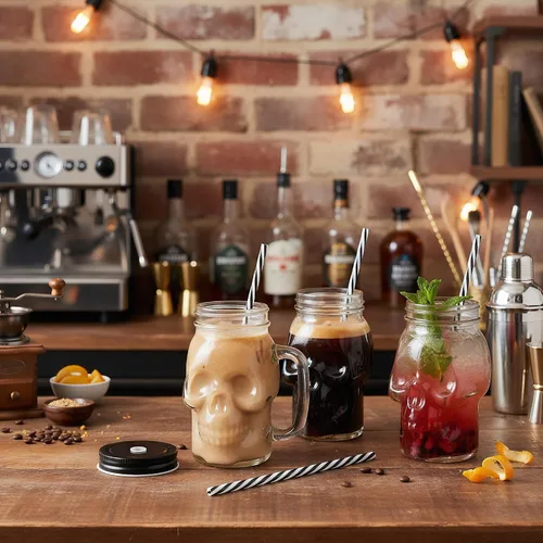 Vista 6 de TOPZEA Paquete de 6 tazas Mason Jars de 16 onzas, tazas de cristal con diseño de calavera, vaso con pajitas, vasos de bebida a la antigua, base