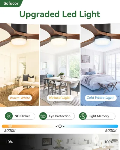 Vista 4 de Sofucor 52 Inch Smart Wood Low Profile Ceiling Fan with Light, Flush Mount