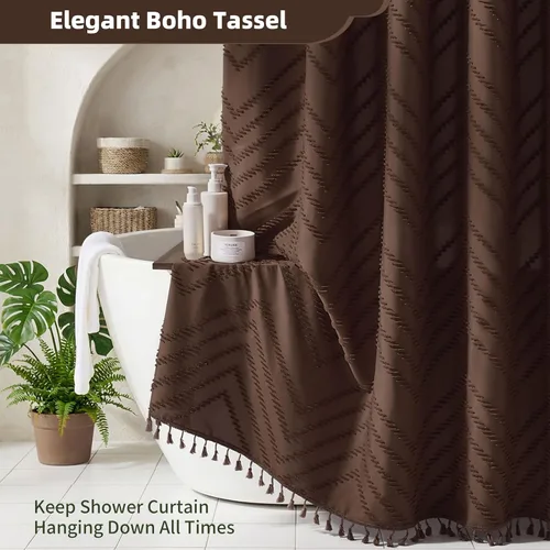 Vista 118 de Cortina de ducha Siiluminisoy de 36x72 beige, cortina de ducha de tela de tamaño pequeño, cortinas de ducha de tela con tufting, diseño chevron a