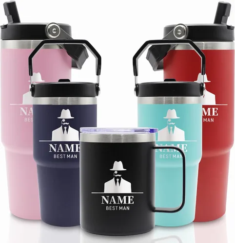 Vista 20 de Vasos de acero inoxidable grabados personalizados con nombres, tazas aisladas personalizadas con asa, taza de café de viaje, regalos para ella/él
